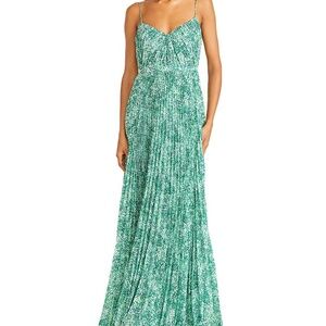 ML Monique Lhuillier Sylvia Pleated Chiffon Gown Spotted Jade Size 6